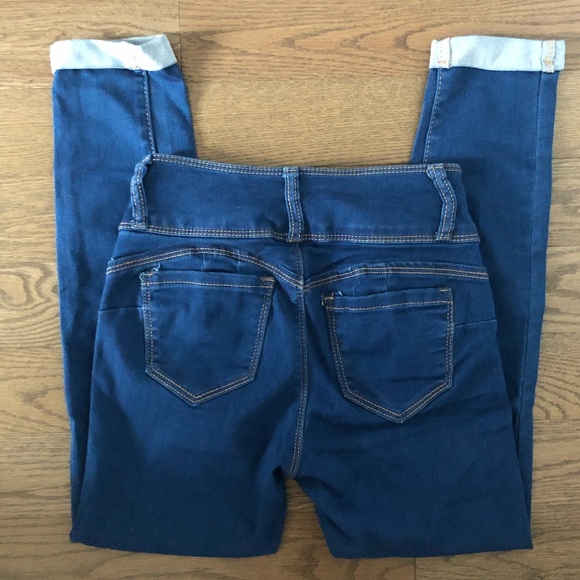 Forever 21 Denim Rolled Cuff Skinny Ankle Cropped Jeans High Waist Solid Blue - Picture 5 of 8